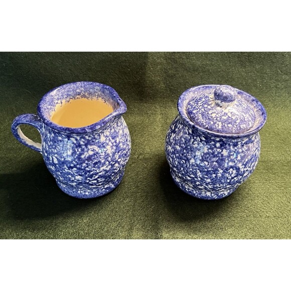 Vintage Molly Davis Spatterware Spongeware Cream & Sugar Bowl Farmhouse Cottage - Picture 4 of 9